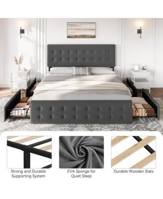 King Bed Frame with Headboard and 4 Storage Drawers, Platform Bed Frame Square Stitched Button Tufted