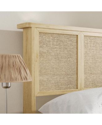 Queen Bed Frame with Natural Rattan Headboard, 4 Storage Drawers, Slats, Bohemian-Style Cane Mattress Support