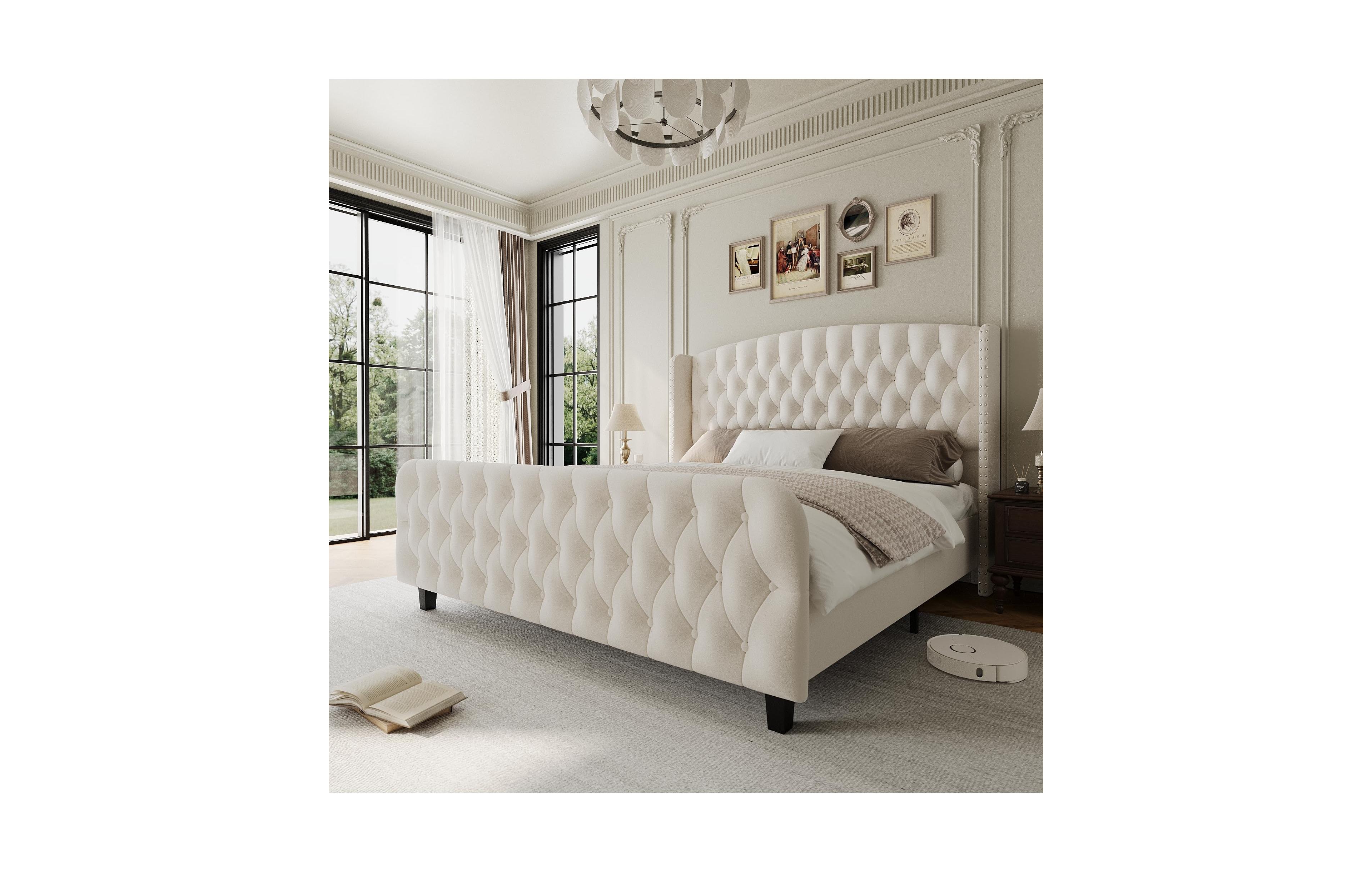 gaomon 51" Tall King Size with Deep Button Tufted Wingback Headboard and Footboard Bed Frame