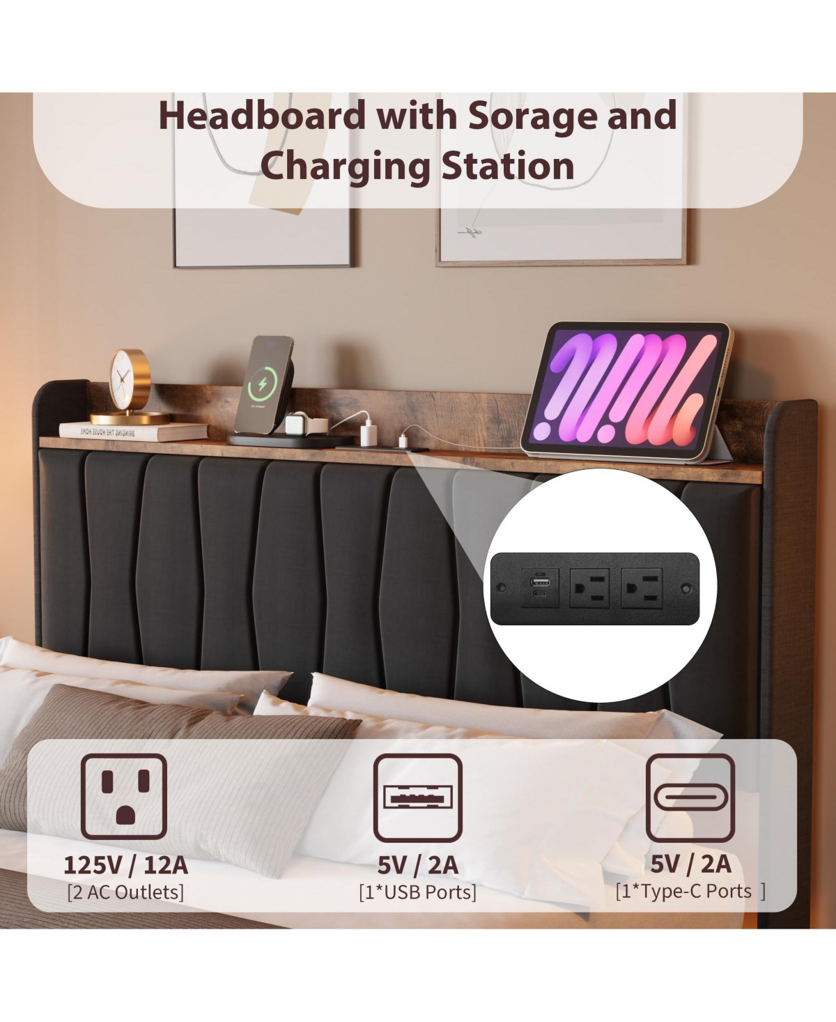 gaomon Floating Bed Frame Queen with Led Lights & Usb Charging Station – Modern Upholstered Platform Bed with Headboard