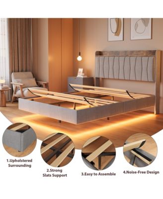 Full size Modern Upholstered Floating Bed Frame with LED Lights & USB Charging Station