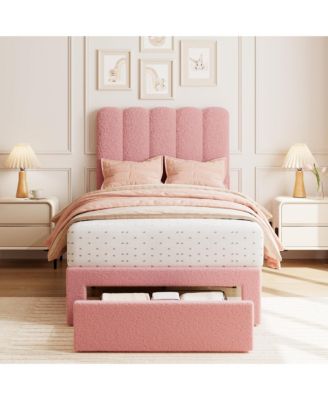 Twin Bed Frame with Under-Bed Drawer, Pink Boucle Upholstered Platform Bed with Wave Headboard for Kids/Girls, Wooden Slats Support