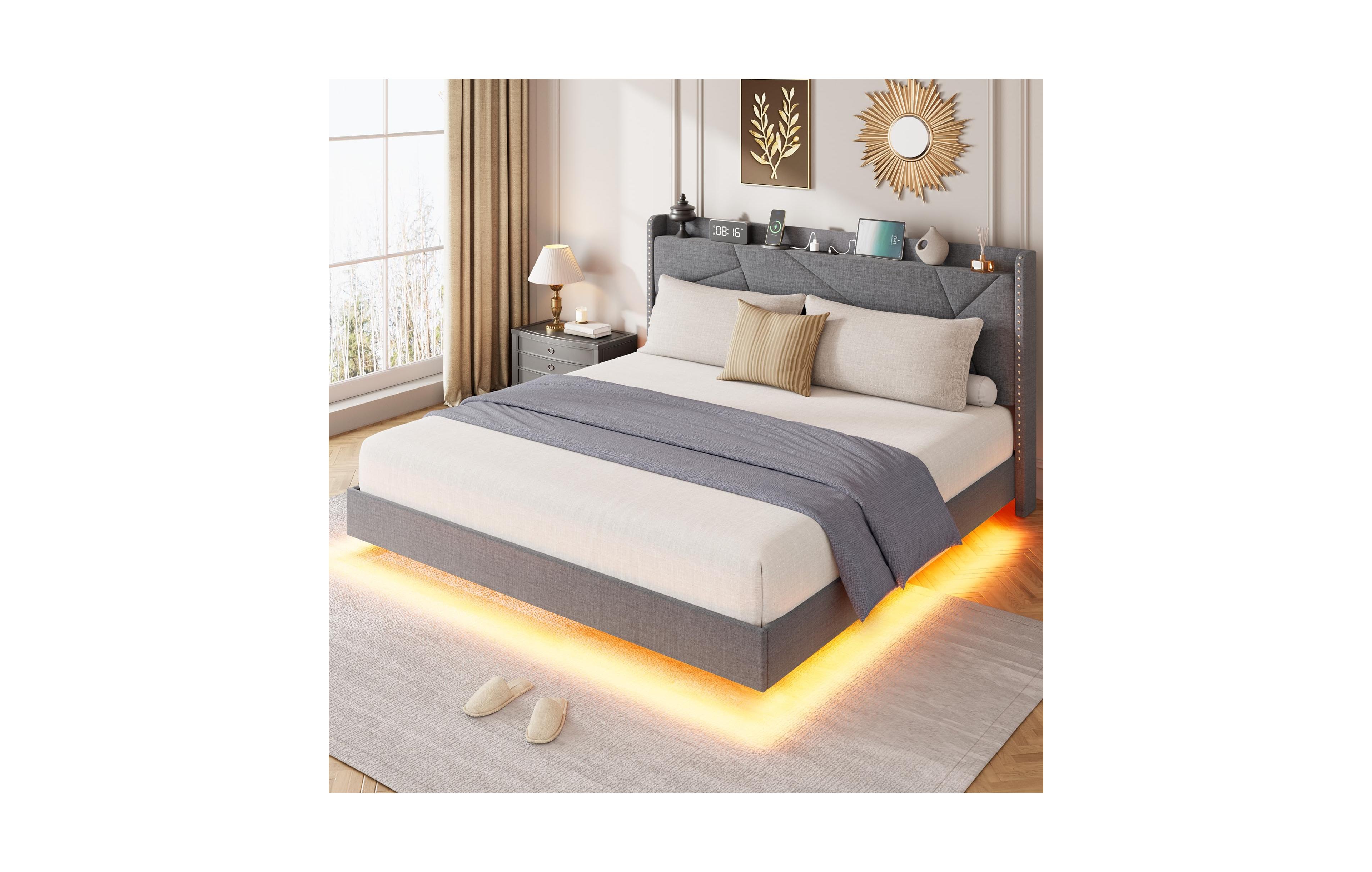 gaomon Full Size Floating Bed Frame, Suspended Bed with Rgb Led Lights and Charging Station