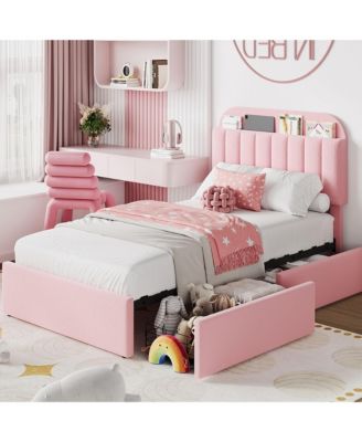 Twin XL Bed Frame for Kids, Boucle Upholstered Platform Bed for Girls with 2 Flexible Drawers, Bookcase Headboard