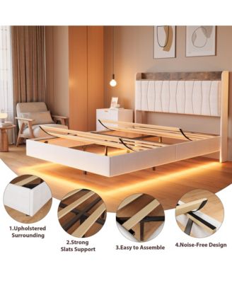 King Floating Bed Frame with LED Lights & Charging Station, Upholstered Platform Bed with Storage Headboard