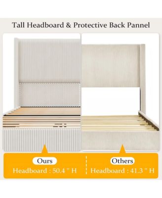 King Bed Frame, Upholstered Platform Corduroy Bed Frame with Vertical Channel Tufted Wingback Headboard