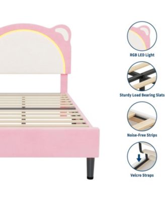 Twin Kids Bed Frame, Upholstered Platform with Adjustable Headboard & LED, Wooden Slats, No Box Spring