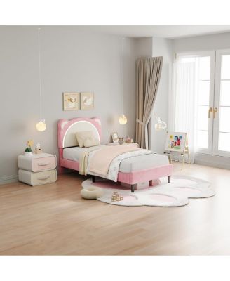 Twin XL Kids Bed Frame, Upholstered Platform with Adjustable Headboard & LED,Wooden Slats, No Box Spring,  Nursery