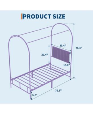 Twin Canopy Bed with Fabric Headboard, Metal Platform Frame with Strong Slats