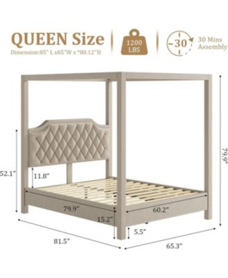 Queen Size Upholstered Canopy Bed with Tufted Headboard and Nailhead Trim, Sturdy Platform Frame, No Box Spring Needed