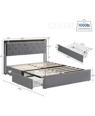 Upholstered Bed with Charging Station Headboard and 4 Drawers, Platform Mattress Foundation with Wooden Slats, No Box Spring Needed
