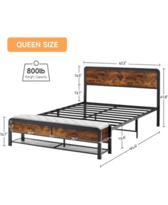 Queen Storage Bed with Headboard, 2 Hidden Drawers, Matching Ottoman, Heavy-Duty Metal Slats, Rounded Corner Design, Easy Setup