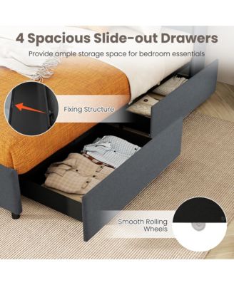 Bed Frame w/LED Lights Charging Station 2 Storage Pockets & 4 Drawers