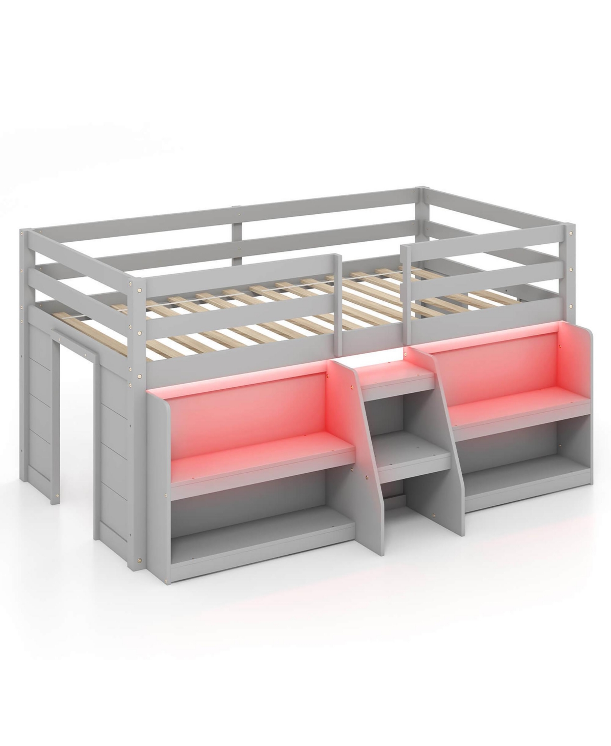Gymax Twin Loft Bed w/ Led Lights Staircase & Safety Guardrail Under-bed Storage