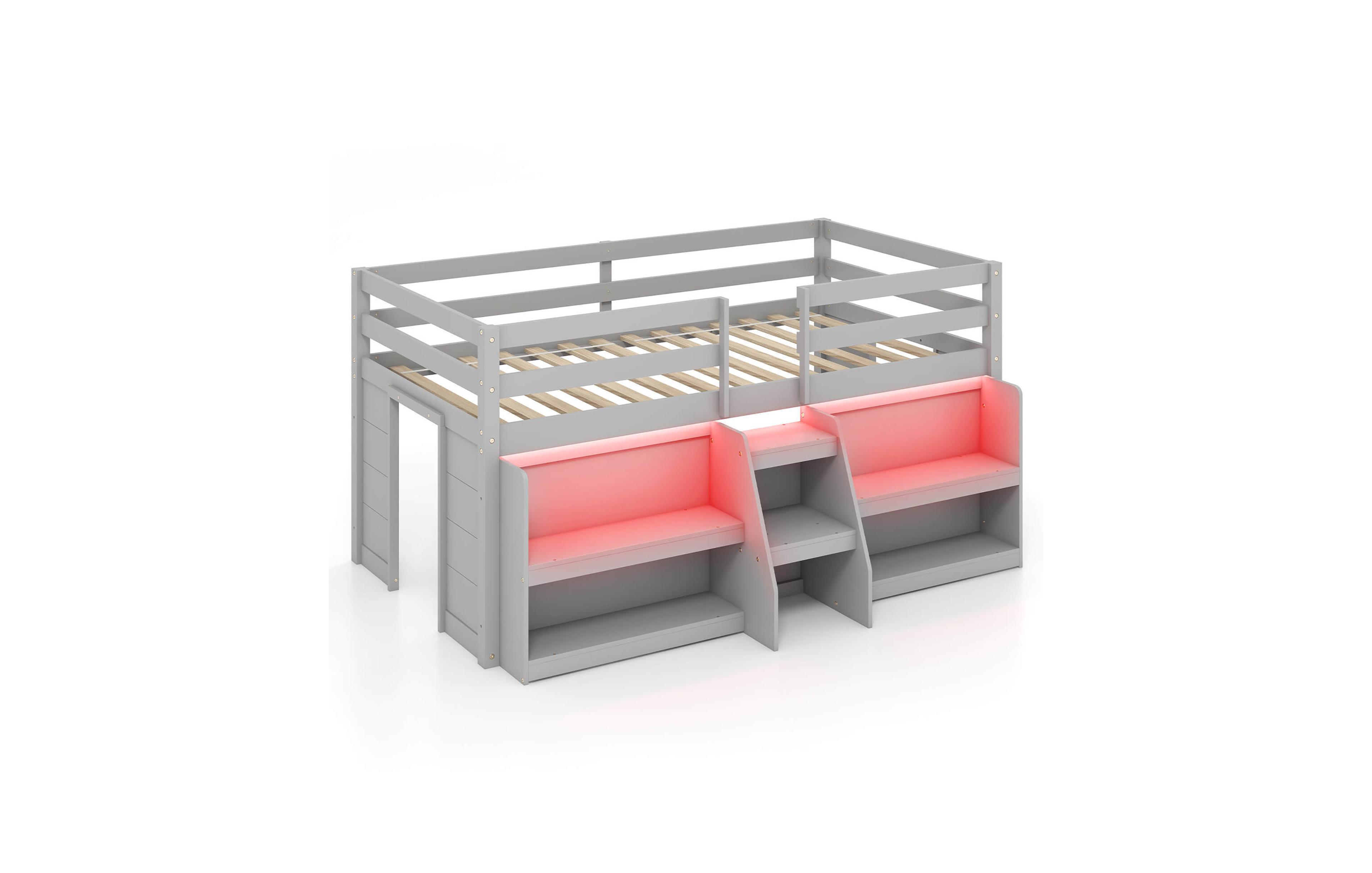 Gymax Twin Loft Bed w/ Led Lights Staircase & Safety Guardrail Under-bed Storage