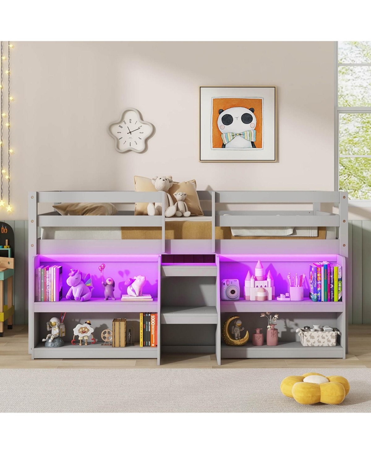 Gymax Twin Loft Bed w/ Led Lights Staircase & Safety Guardrail Under-bed Storage