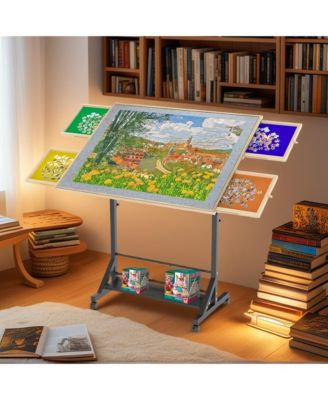 34" Adjustable Puzzle Table with 360° Tilt, Storage Drawers & Protective Cover for 1500-Piece Puzzles, Height-Adjustable Mobile Workstation