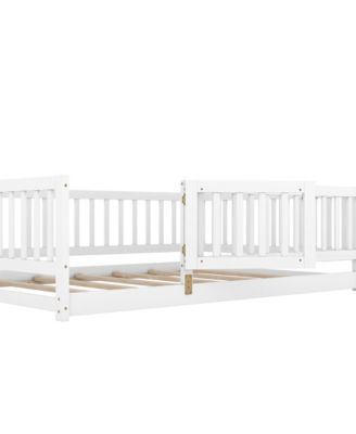 Pine Wood Full Size Floor Bed with Slats, Fence and Door, Montessori Floor Bed for Kids, Girls, Boys