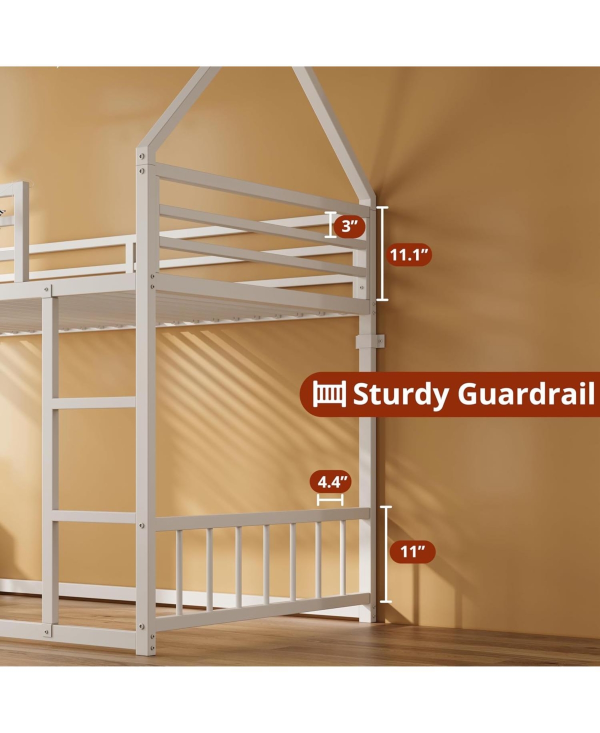Likimio Bunk Bed Twin Over Twin with Ladder and Guardrail, House Shaped with Metal Slats for Dormitory and Bedroom