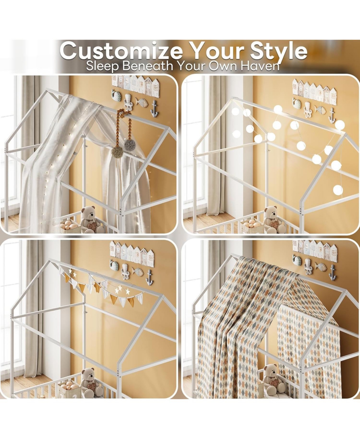 Likimio Twin Floor Bed Frame with Roof & Guardrails, Metal House Bed, White, No Box Spring