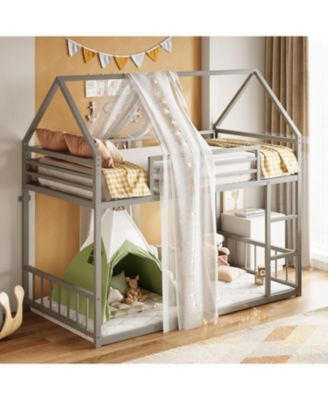 Bunk Bed Twin Over Twin, House Bunk Bed Frame with Ladder and Guardrail, House Shaped with Metal Slats for Dormitory and Bedroom