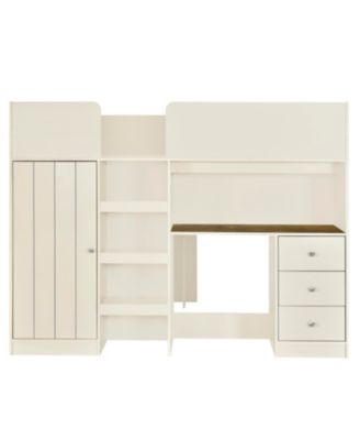  Full-Size Loft Bed with Wardrobe, Desk, Shelves, Drawers