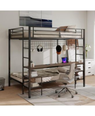Streamdale Ethan Full Over Twin Bunk Bed with Desk, Charging Station & Storage, Black/Cinnamon Oak
