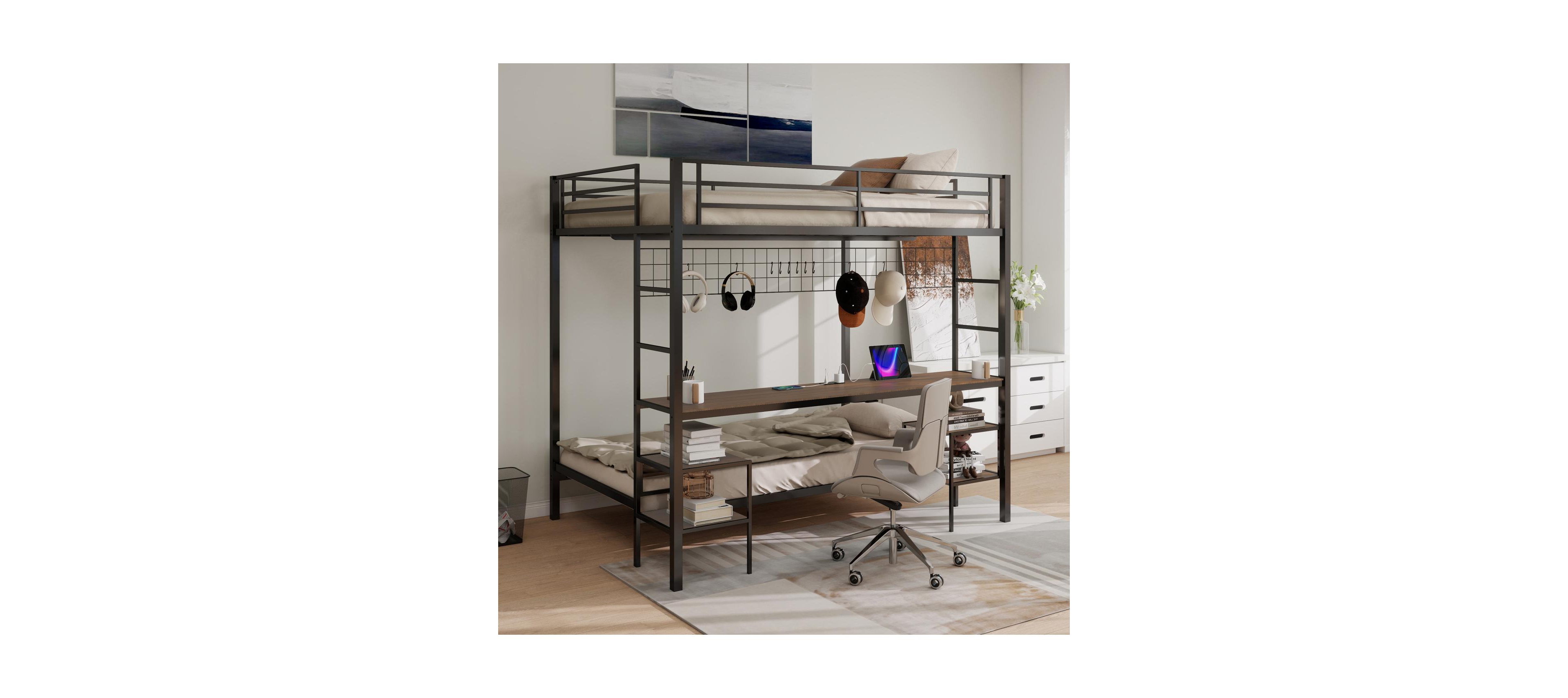 Streamdale Furniture Streamdale Ethan Full Over Twin Bunk Bed with Desk, Charging Station & Storage, Black/Cinnamon Oak