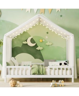 Montessori Floor Bed with Canopy, Full Size House Shape Toddler Bed Frame