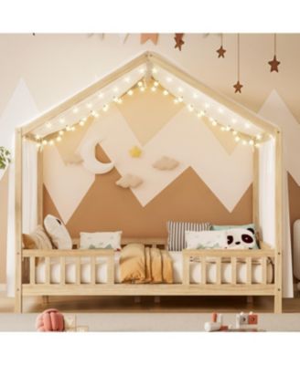 Montessori Floor Bed with Canopy, Full Size House Shape Toddler Bed Frame