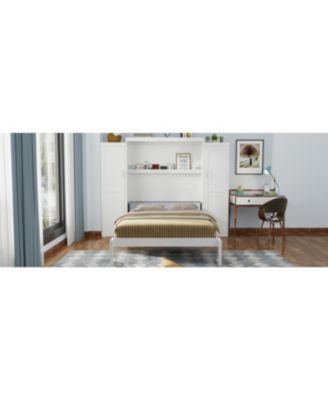 Queen Size Murphy Bed with 2 Wardrobes & Storage Shelf, White