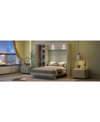  Queen Size Murphy Bed Wall Bed with Shelves, Wardrobe and LED