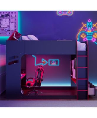 Full Size Wood Loft Bed with Adjustable Desk, Drawers, Storage, RGB Lights,