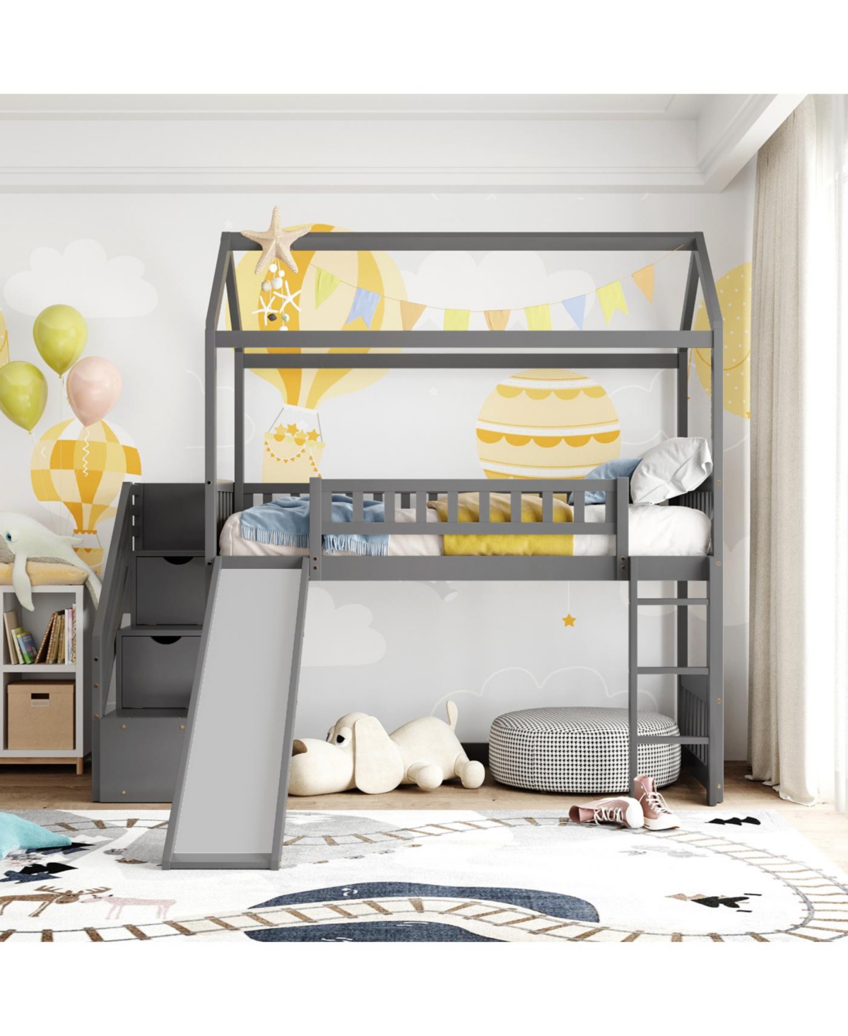 Streamdale Furniture Twin Loft Bed with Drawers and Slide, Gray