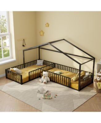 Streamdale Metal L-Shaped Montessori House Bed Frame for 2 Kids, Black