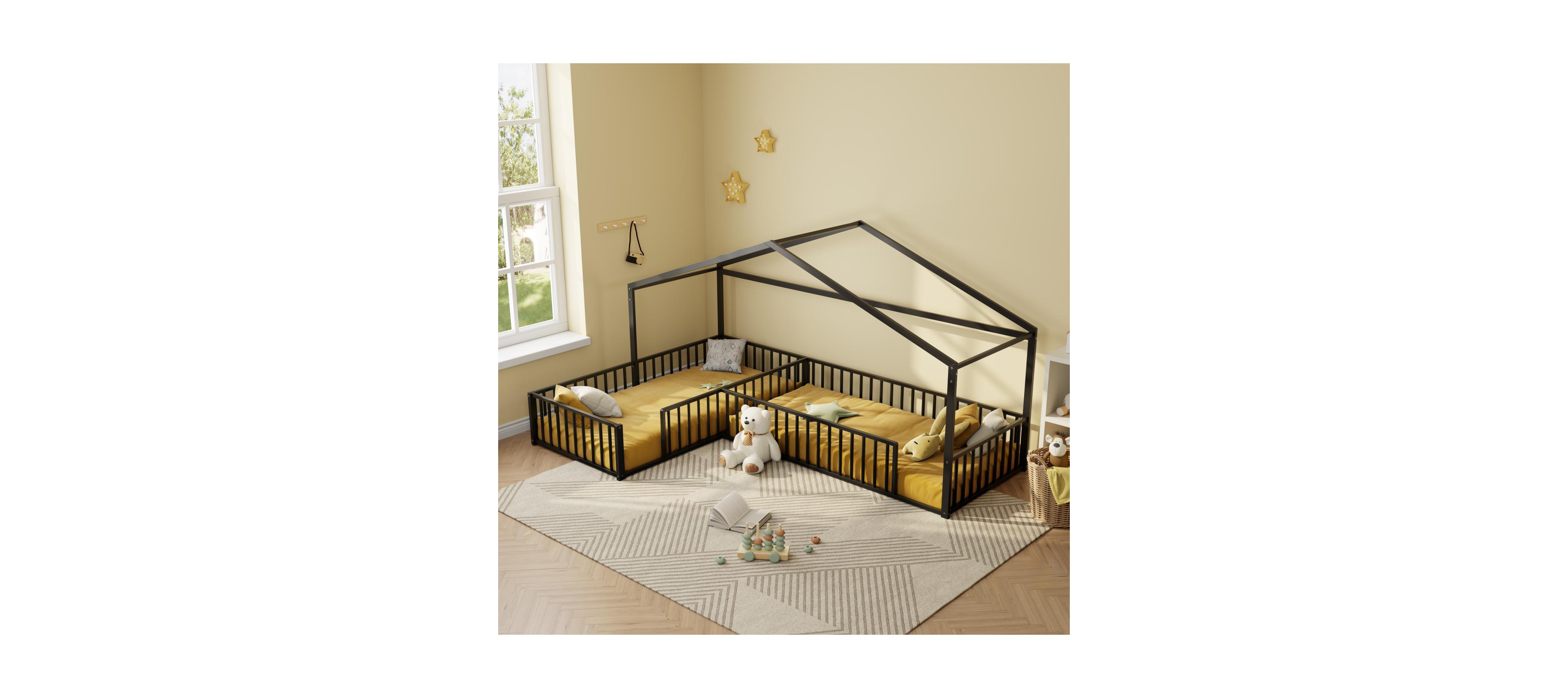 Streamdale Furniture Streamdale Metal L-Shaped Montessori House Bed Frame for 2 Kids, Black