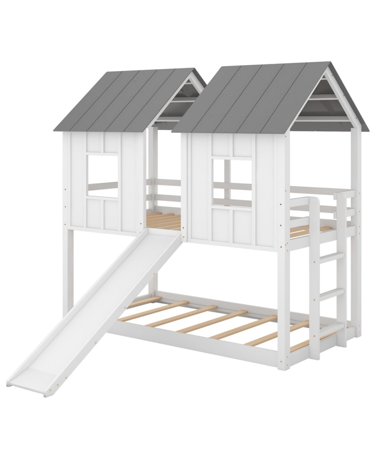 Streamdale Furniture Twin over Twin House Bunk Bed with Slide and Windows