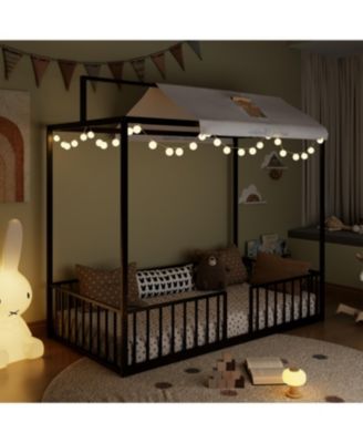 Streamdale Montessori 3-in-1 Convertible Metal Toddler Bed with Canopy, Twin, Black