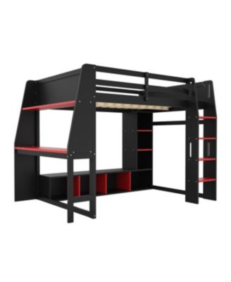 Streamdale Wood Gaming Loft Bed w/ Desk, Shelves, LED, Rack, Black