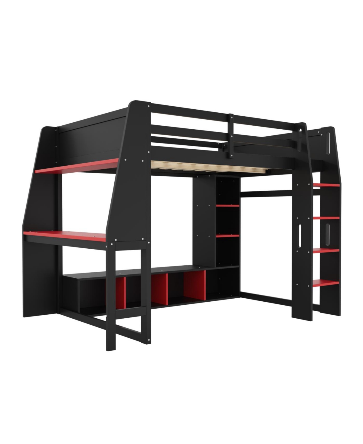 Streamdale Furniture Wood Gaming Loft Bed w/ Desk, Shelves, Led, Rack, Black