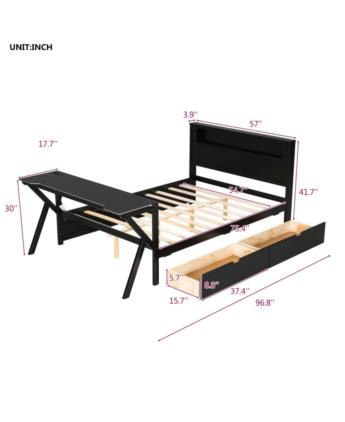 Streamdale Furniture Full Size Wooden Gaming Bed with Led Headboard, Desk, Usb & Storage, Black