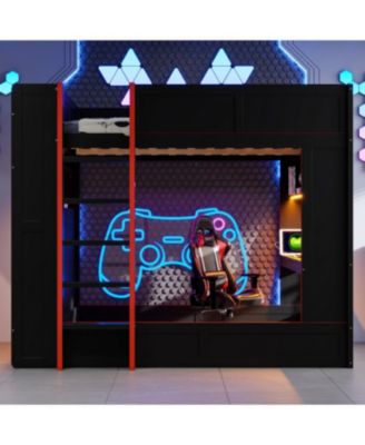 Wood Gaming Bunk Bed with Desk, Storage, LED & Charging Station