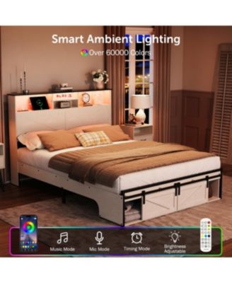 Farmhouse Queen Storage Bed Frame with Charging Station & LED Lights, White