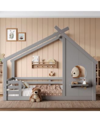  Full House Floor Bed with Window & Shelf, Solid Wood, Grey