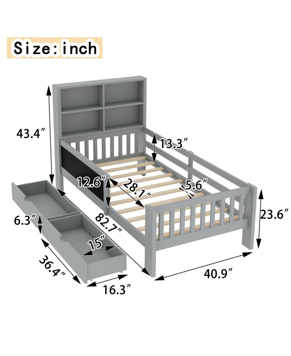 Streamdale Furniture Streamdale Twin Platform Bed with Chalkboard, Storage Drawers & Shelves, Gray