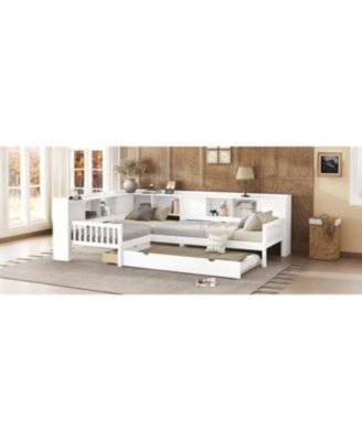 L-shaped Twin Platform Bed with Trundle, Storage Drawers & Shelves, White