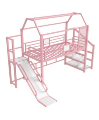 Twin Loft Bed with Slide, Stairs, Storage Shelves & Roof - Pink