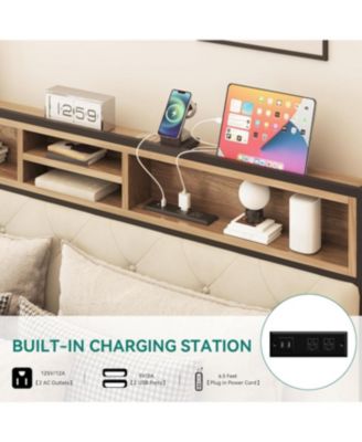 Queen Size Upholstered Platform Bed Frame with Charging Station - Beige
