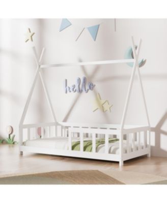 Montessori Floor Bed Frame for Kids with Guardrail, White