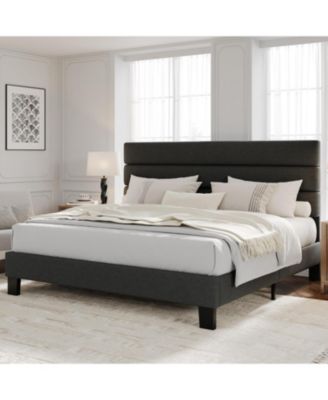Size Platform Bed Frame with Adjustable Linen Upholstered Headboard, Wooden Slat Support, Heavy-Duty Mattress Foundation, No Box Spring Needed